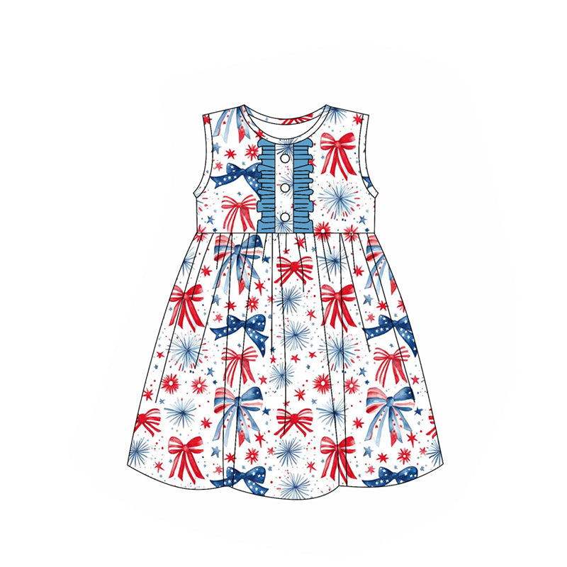 presale GSD2186 Baby Girls Sleeveless Butter Blue Red Bows Fireworks 4th Of July Knee Length Dresses D 3.6