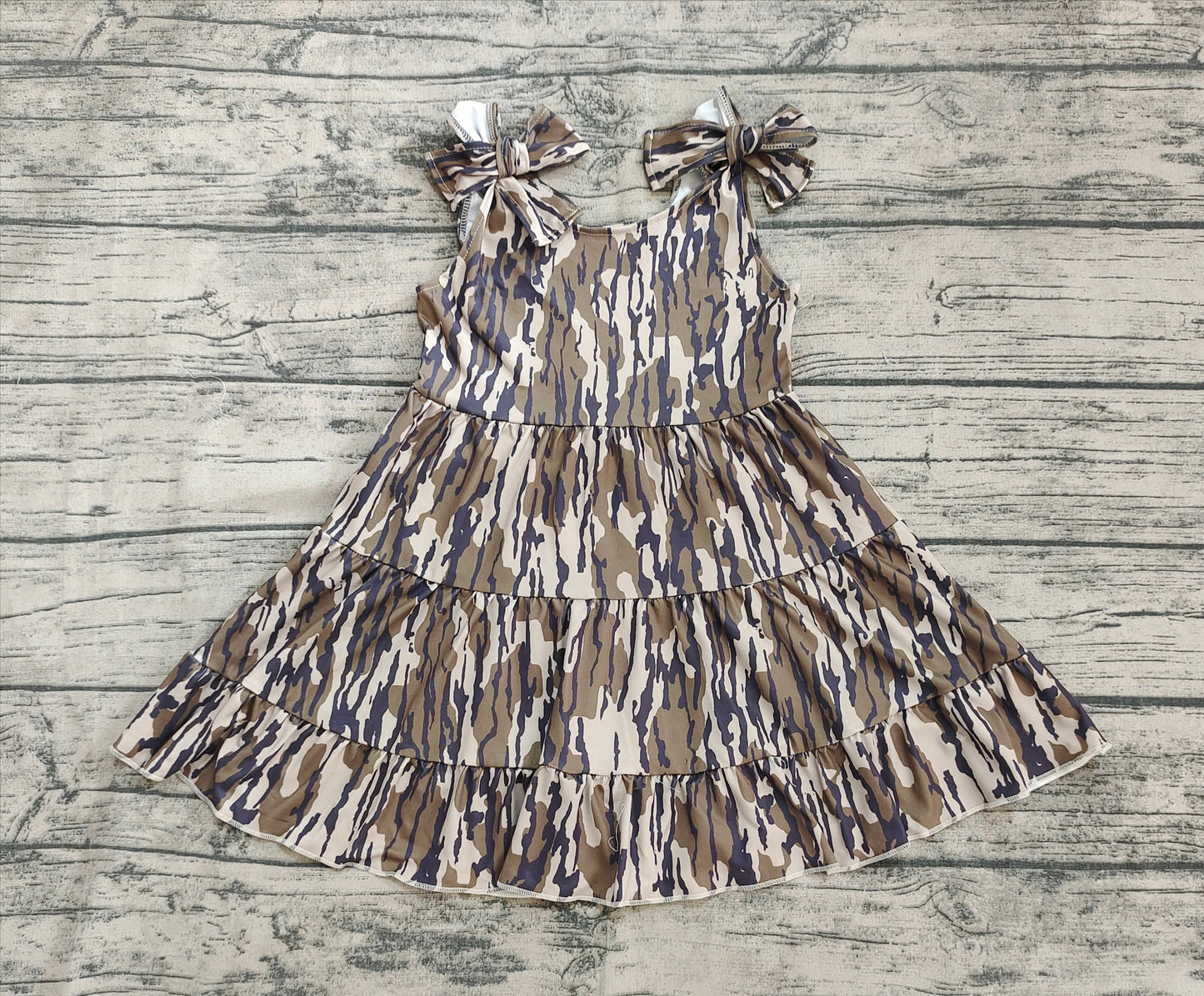 GSD2203 Baby Girls Olive Bows Strap Bottomland Camo Patchwork Knee Length Dresses D 3.27