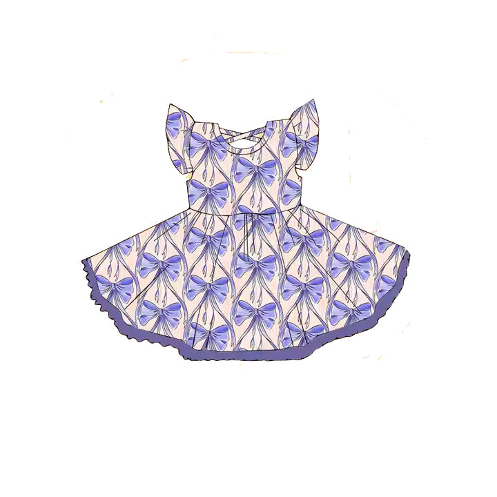 presale GSD2205 Baby Girls Flutter Sleeves Purple Bows Knee Length Dresses D 3.12