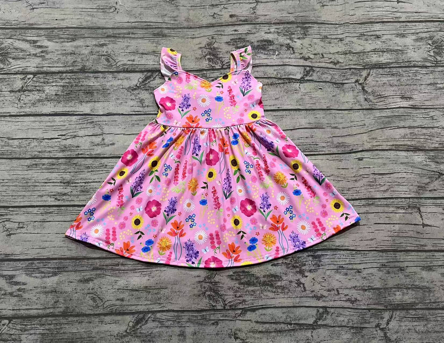 GSD2208 Baby Girls Flutter Sleeves Pink Floral Backless Bow Knee Length Dresses D 4.11