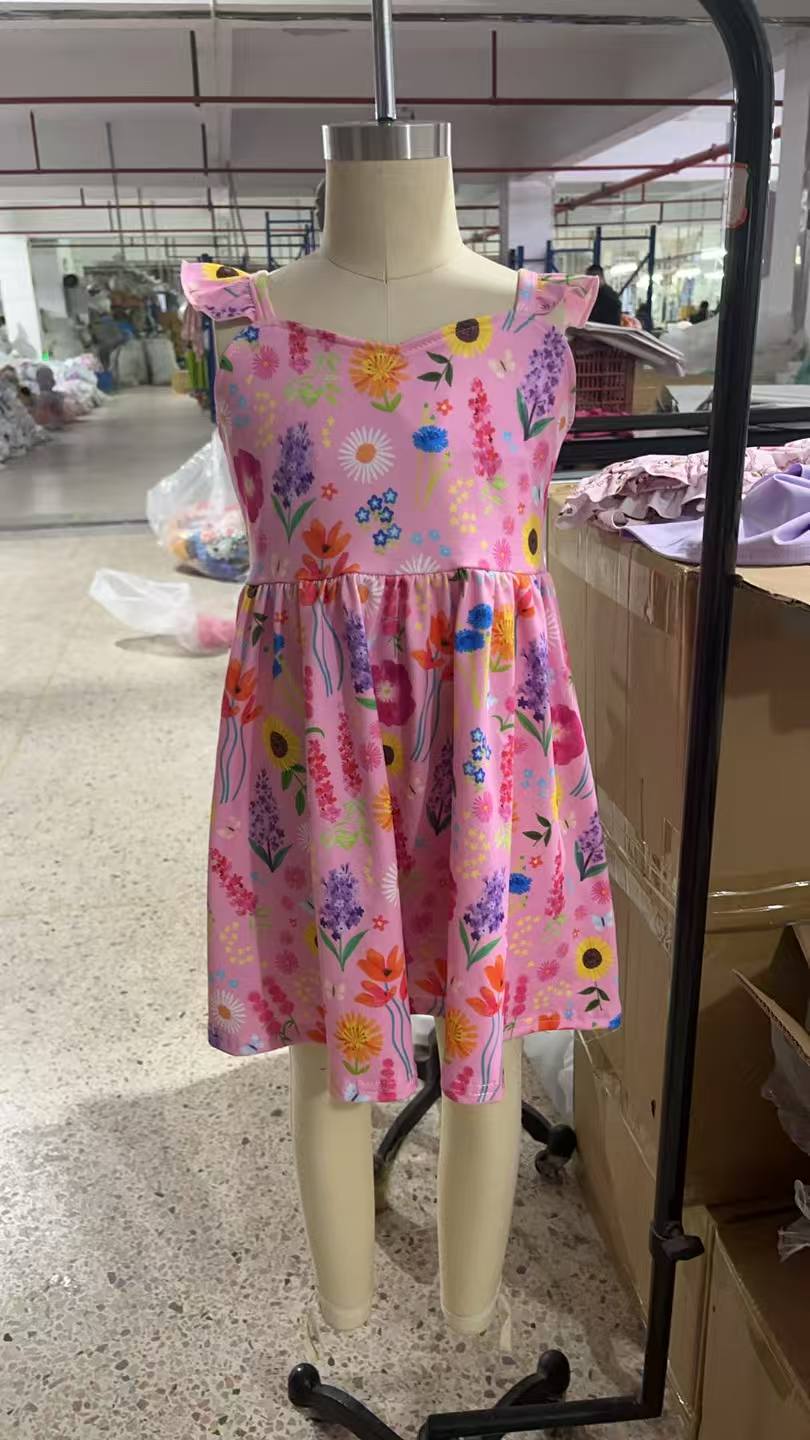 GSD2208 Baby Girls Flutter Sleeves Pink Floral Backless Bow Knee Length Dresses D 4.11