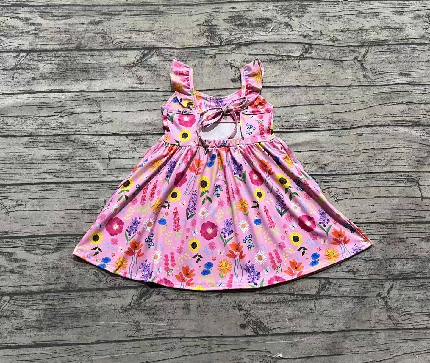 GSD2208 Baby Girls Flutter Sleeves Pink Floral Backless Bow Knee Length Dresses D 4.11