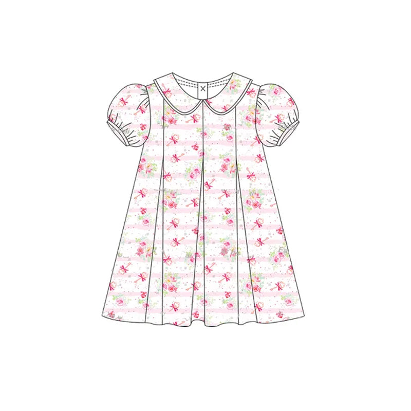 presale GSD2209 Baby Girls Short Ruffle Sleeves Pink Stripe Floral Knee Length Dresses D 3.12
