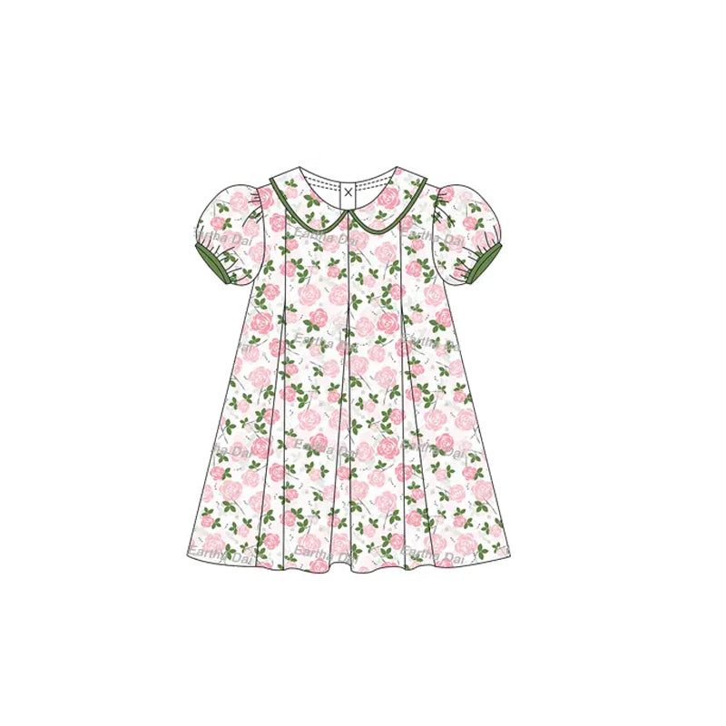 presale GSD2210 Baby Girls Green Short Ruffle Sleeves Pink Floral Knee Length Dresses D 3.12