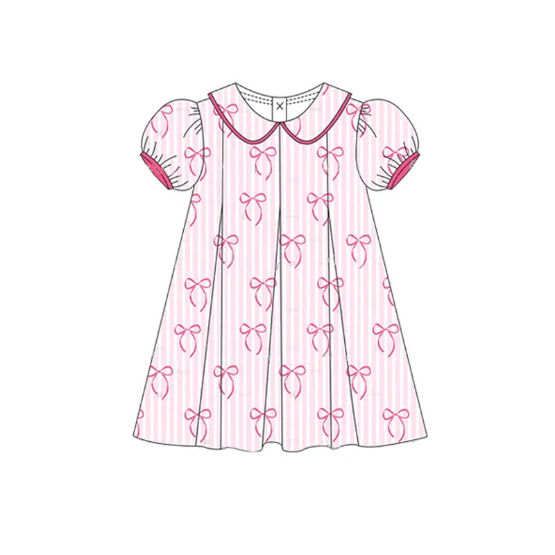 presale GSD2211 Baby Girls Short Ruffle Sleeves Pink Stripe Bows Knee Length Dresses D 3.12