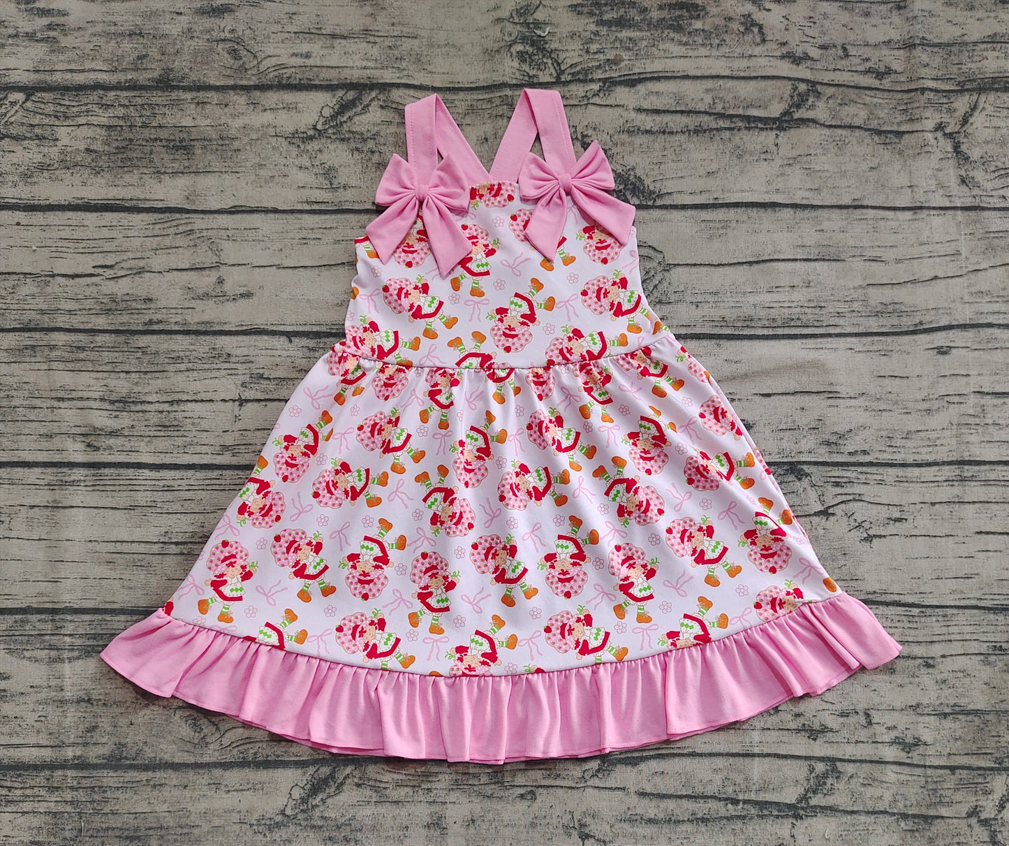 GSD2213 Baby Girls Pink Strap Bows Strawberry Floral Knee Length Dresses D 4.4