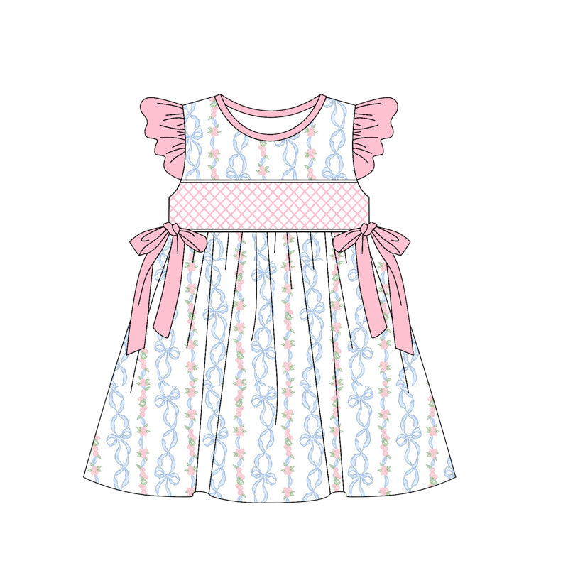 presale GSD2228 Baby Girls Pink Flutter Sleeves Bows Floral Stripe Knee Length Dresses D 3.11