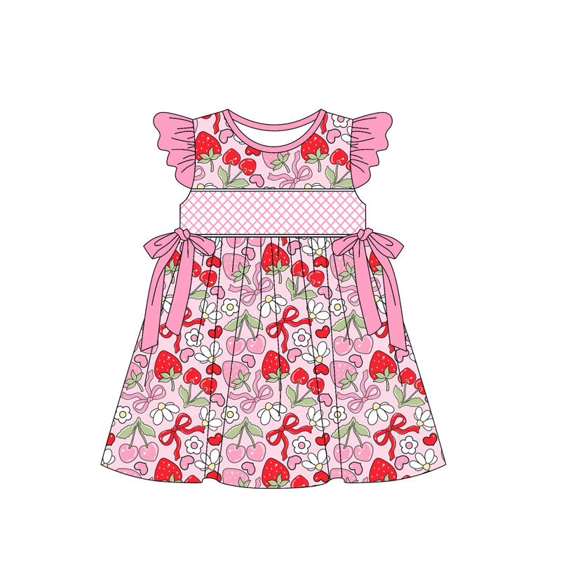 presale GSD2229 Baby Girls Pink Flutter Sleeves Bows Strawberry Floral Knee Length Dresses D 3.11
