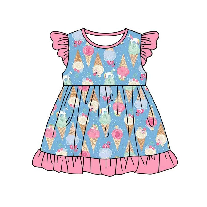 presale GSD2231 Baby Girls Pink Flutter Sleeves Ice Cream Knee Length Dresses D 3.11