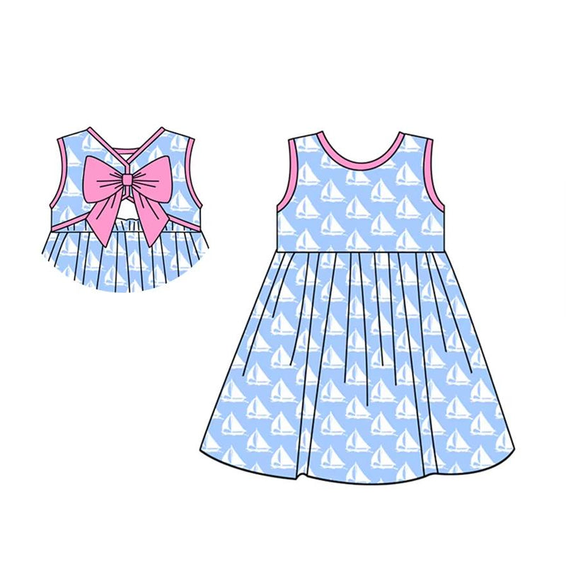 presale GSD2232 Baby Girls Blue Sleeveless Boats Backless Bow Knee Length Dresses D 3.11