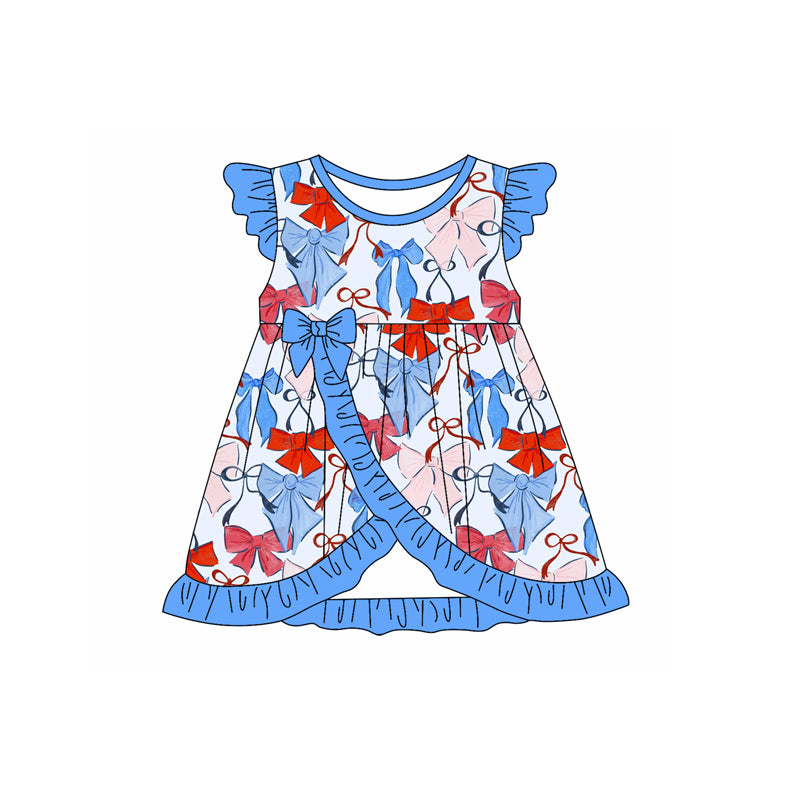 presale GSD2233 Baby Girls Blue Flutter Sleeves Blue Red Bows 4th Of July Knee Length Dresses D 3.11