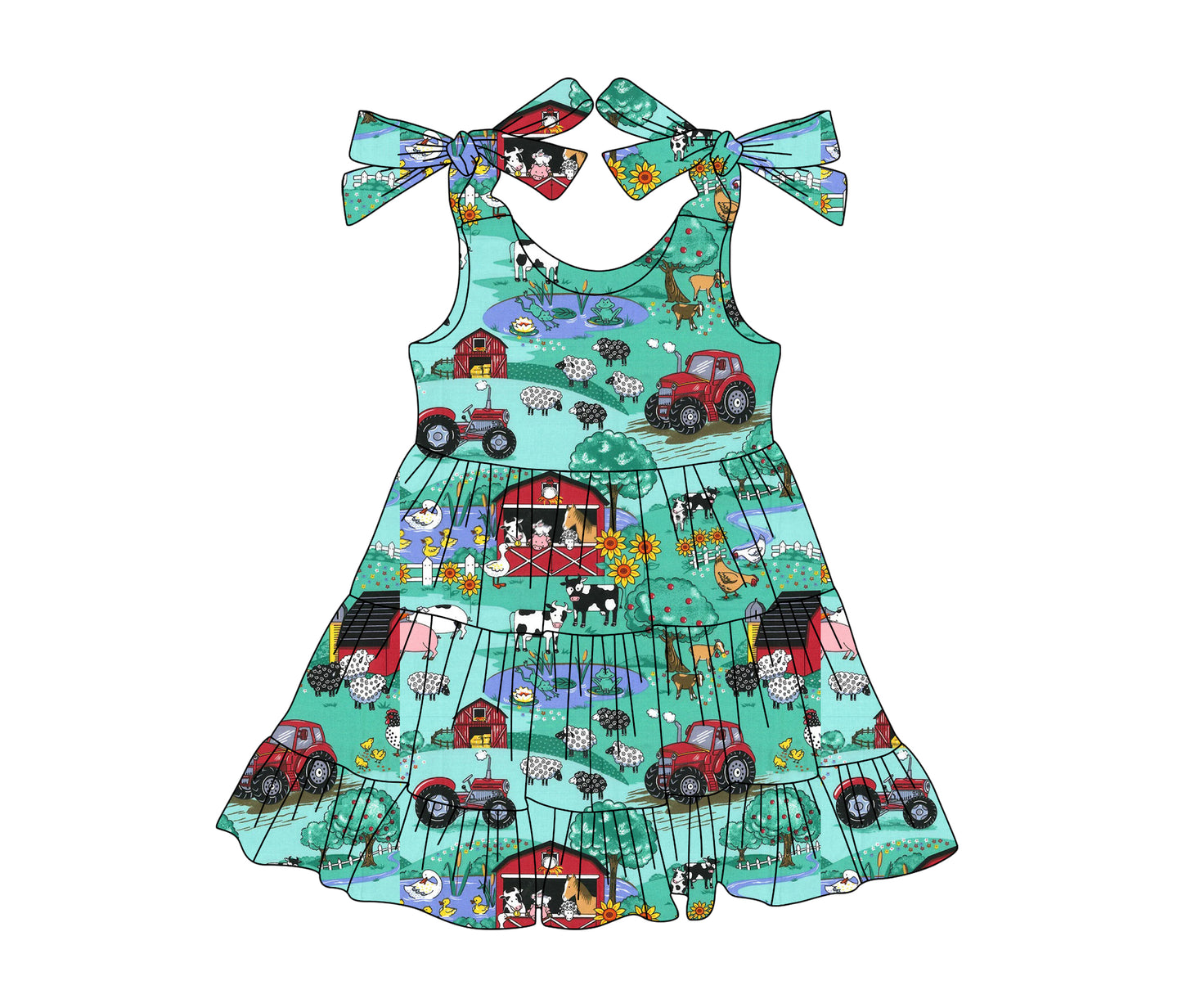 presale GSD2234 Baby Girls Green Strap Trucks Houses Cows Farm Knee Length Dresses D 3.11