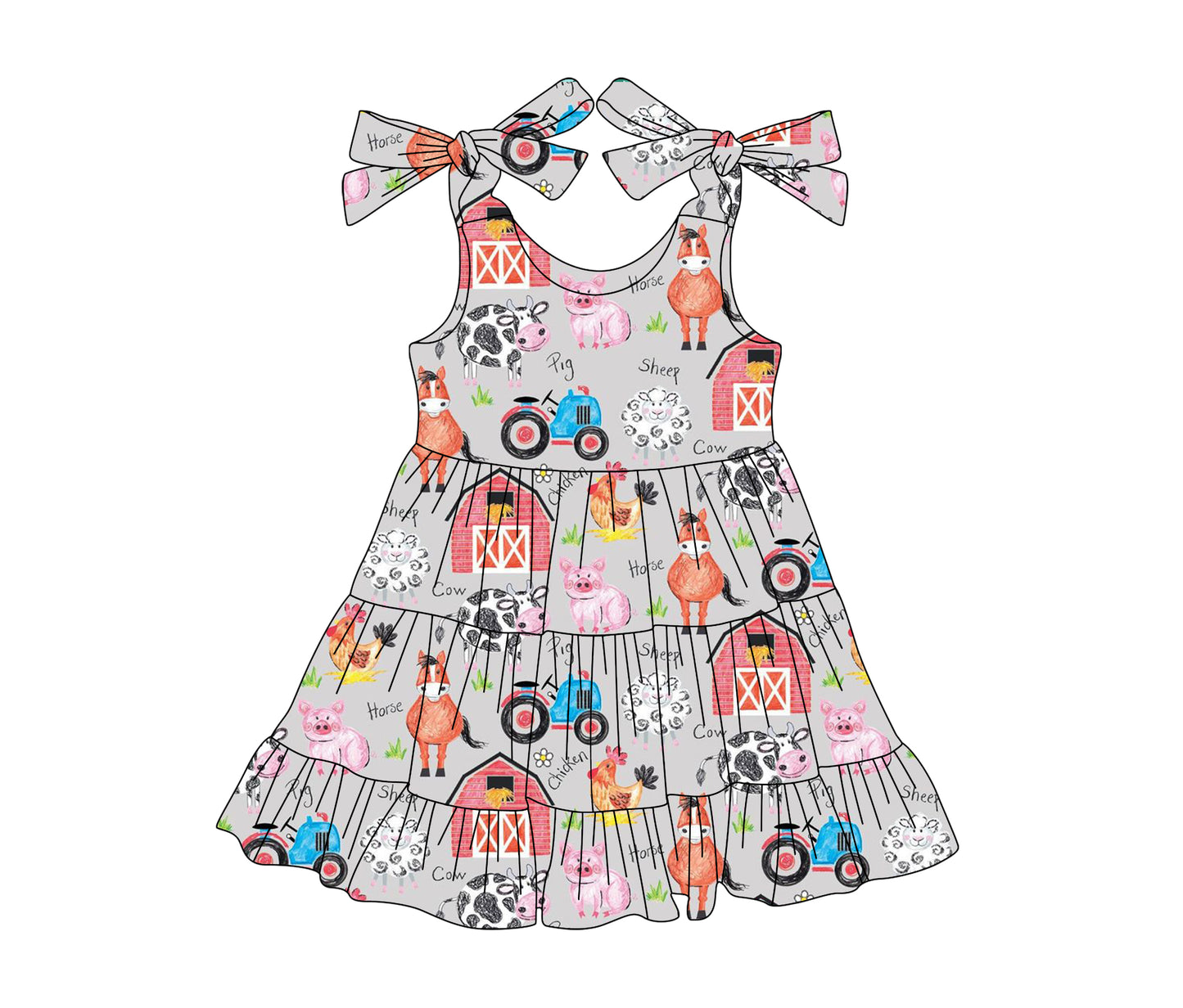 presale GSD2235 Baby Girls Gray Strap Trucks Houses Cows Farm Knee Length Dresses D 3.11