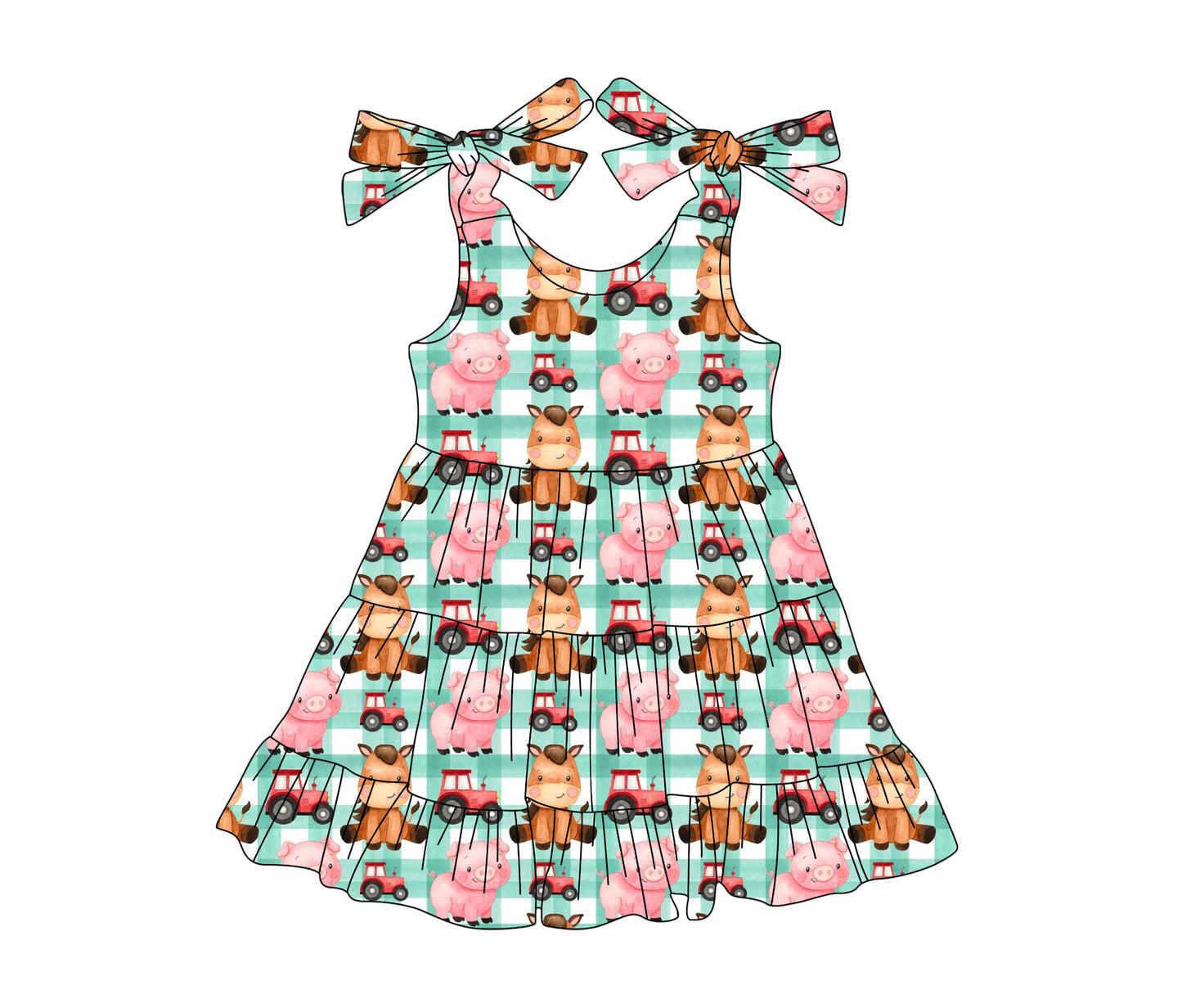 presale GSD2236 Baby Girls Green Plaid Strap Trucks Pigs Farm Knee Length Dresses D 3.11