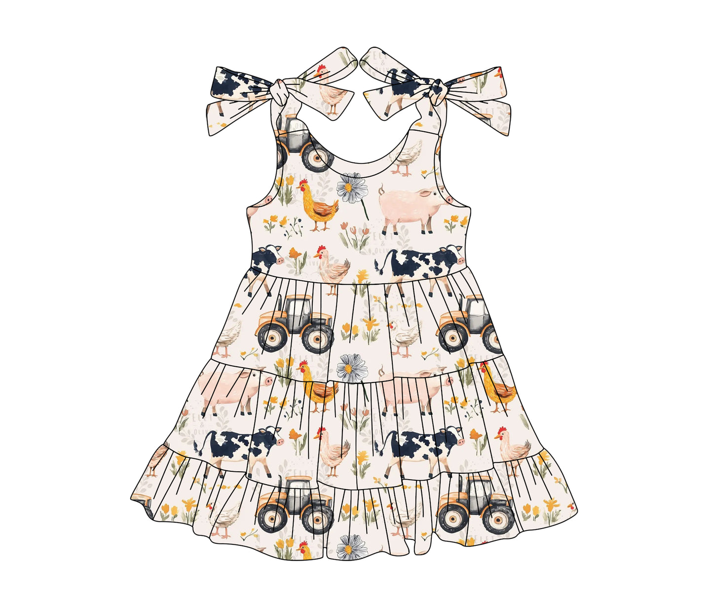presale GSD2237 Baby Girls Pink Strap Trucks Chicks Cows Farm Knee Length Dresses D 3.11