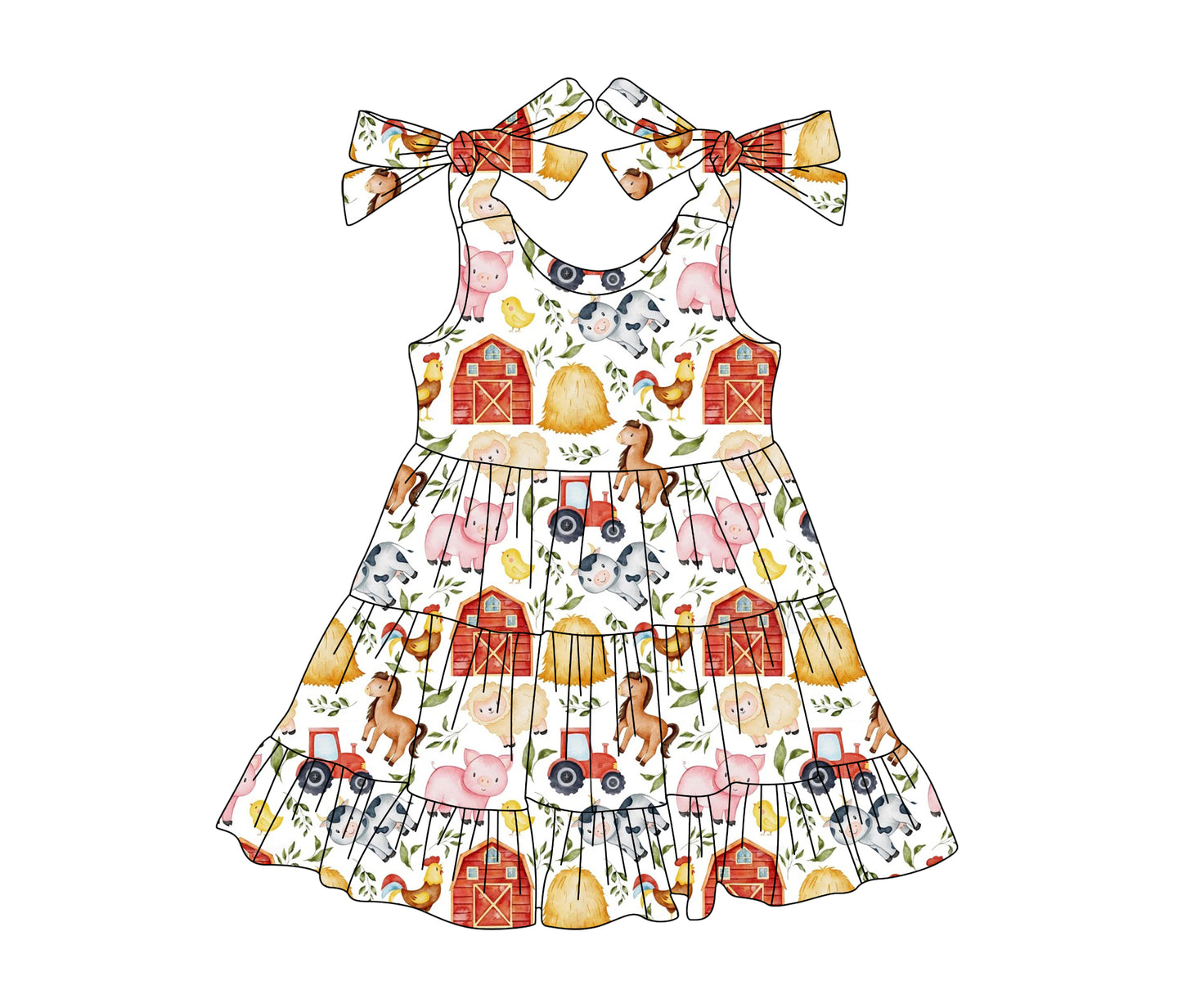 presale GSD2238 Baby Girls Red Strap Houses Pigs Cows Farm Knee Length Dresses D 3.11