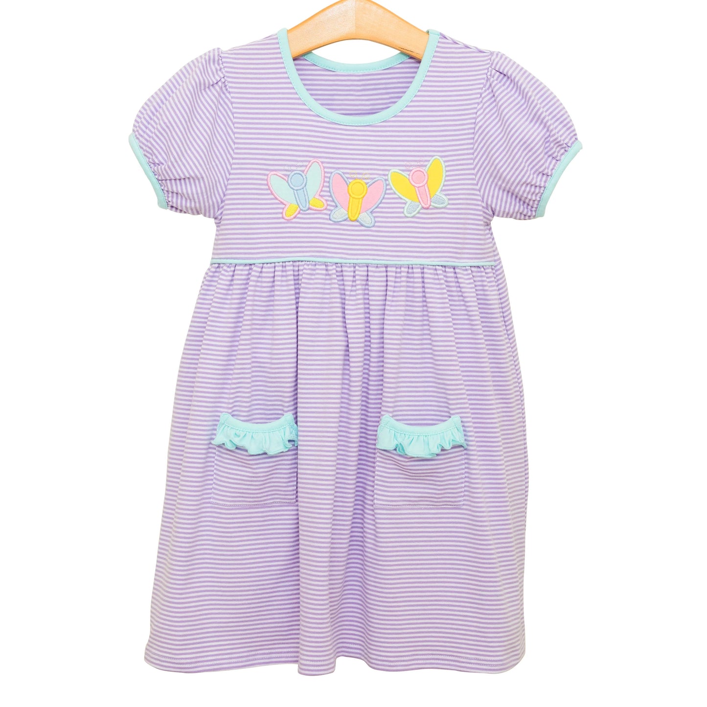 presale GSD2239 Baby Girls Lavender Short Ruffle Sleeves Stripe Butterfly Pockets Knee Length Dresses D 3.11