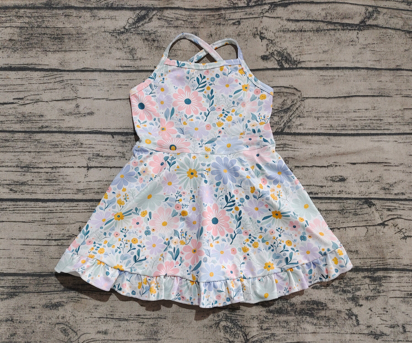 presale GSD2281 Straps pink green floral ruffle kids girls athletic dresses D 4.16