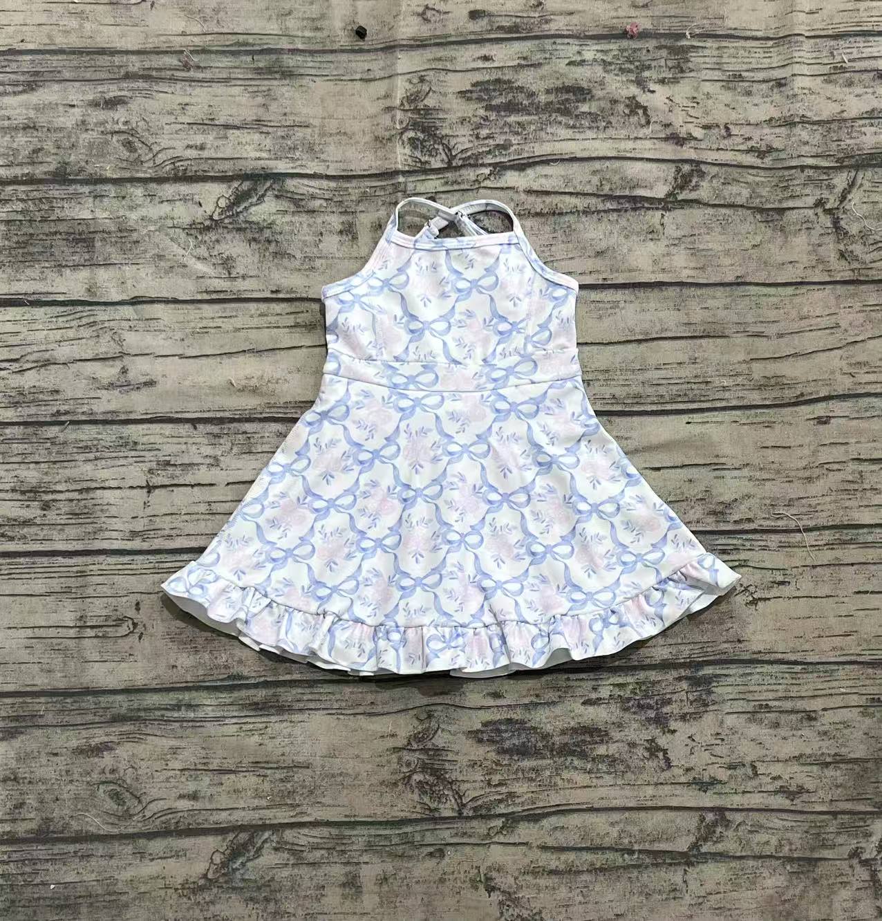 GSD2290 Baby Girls Strap Blue Bows Floral Yoga Ruffle Knee Length Dresses D 4.3