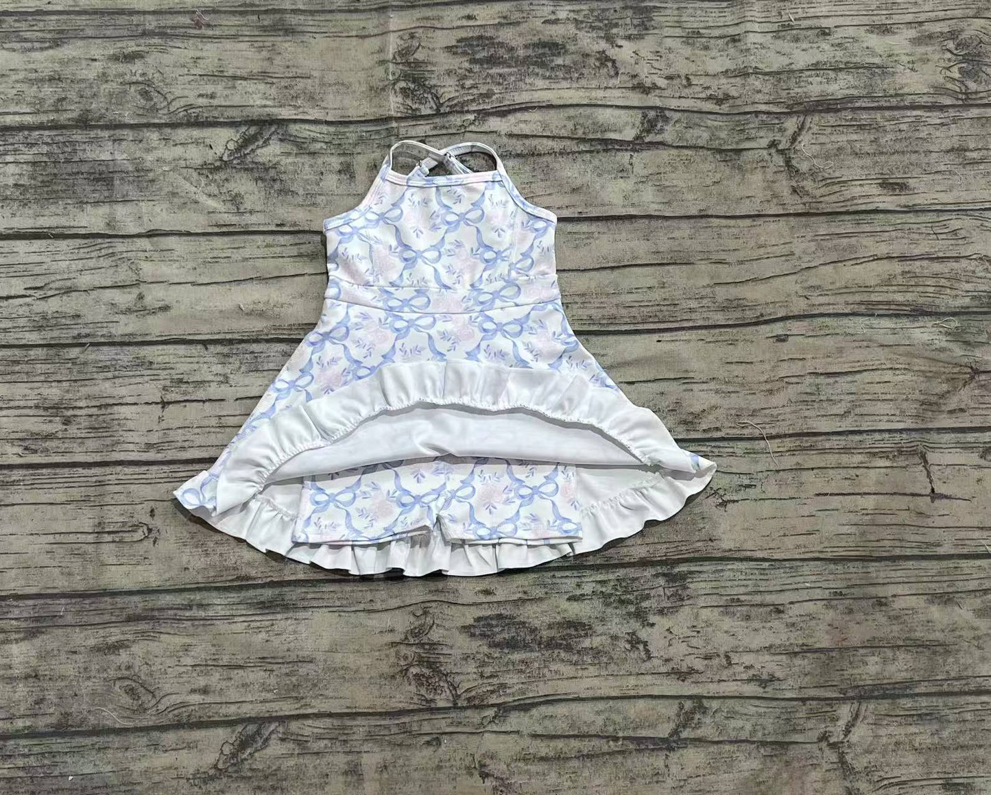 GSD2290 Baby Girls Strap Blue Bows Floral Yoga Ruffle Knee Length Dresses D 4.3