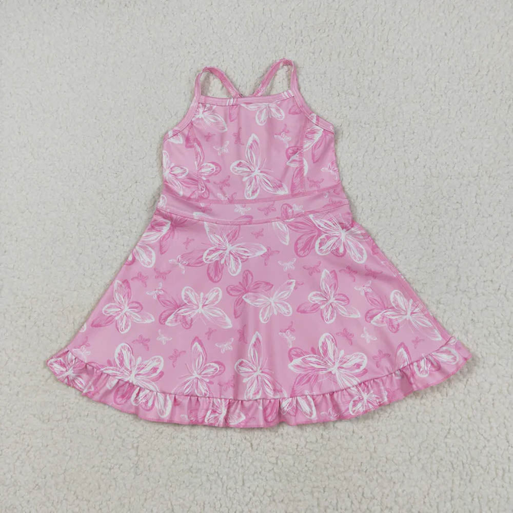Sibling Baby Girls Strap Stripe Floral Butterfly Shorts Yoga Ruffle Knee Length Dresses D 7.7