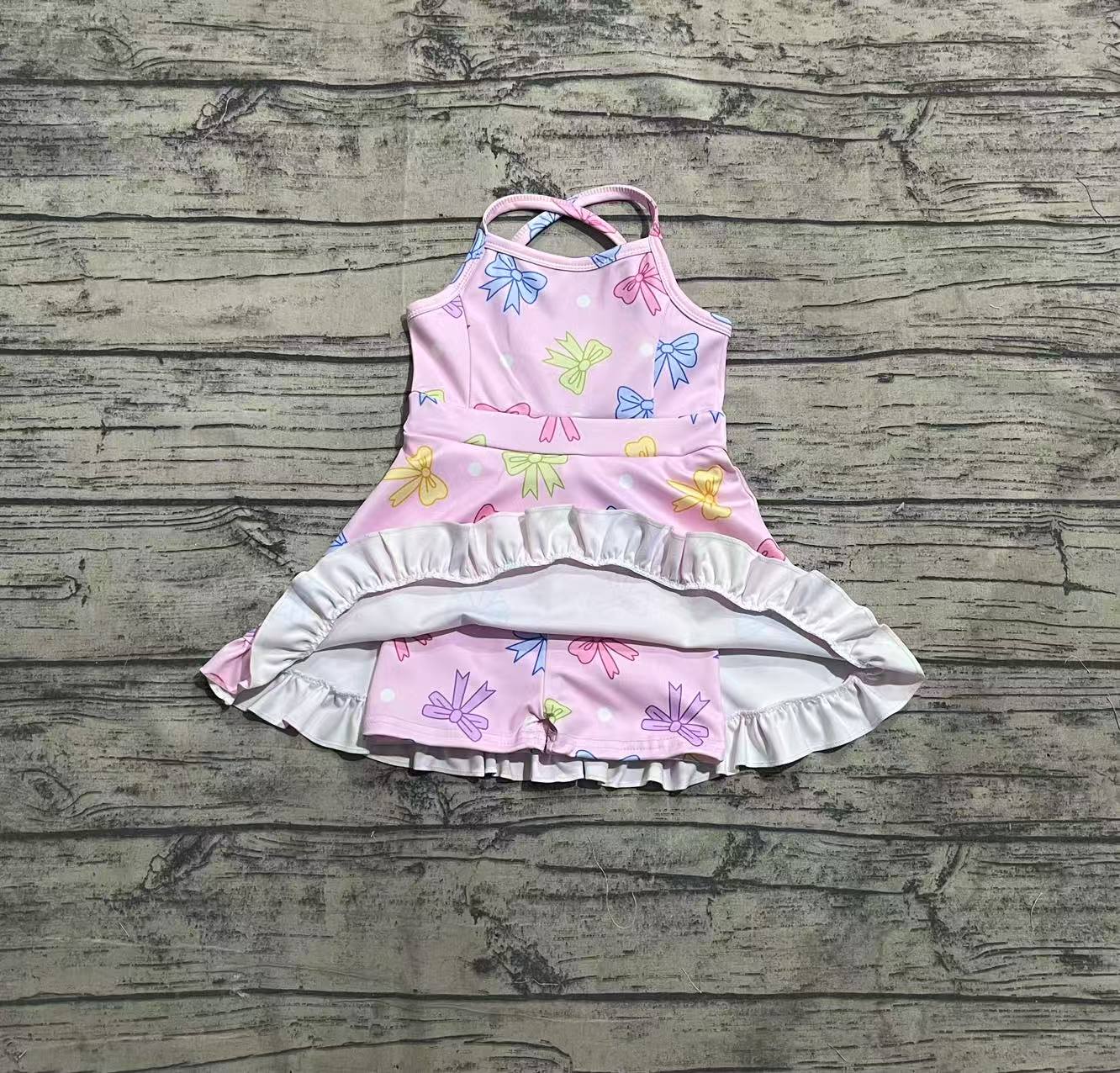 presale GSD2294 Baby Girls Pink Strap Colorful Bows Polka Dots Yoga Ruffle Knee Length Dresses D 3.28