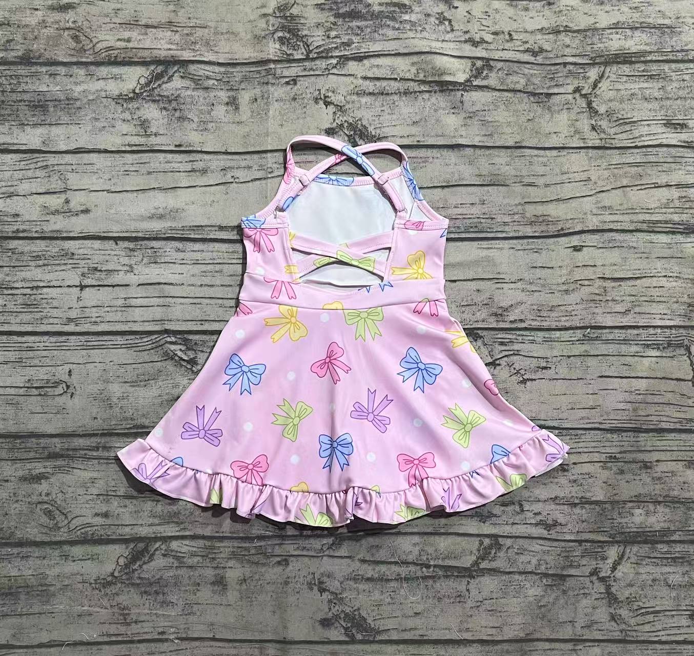 presale GSD2294 Baby Girls Pink Strap Colorful Bows Polka Dots Yoga Ruffle Knee Length Dresses D 3.28