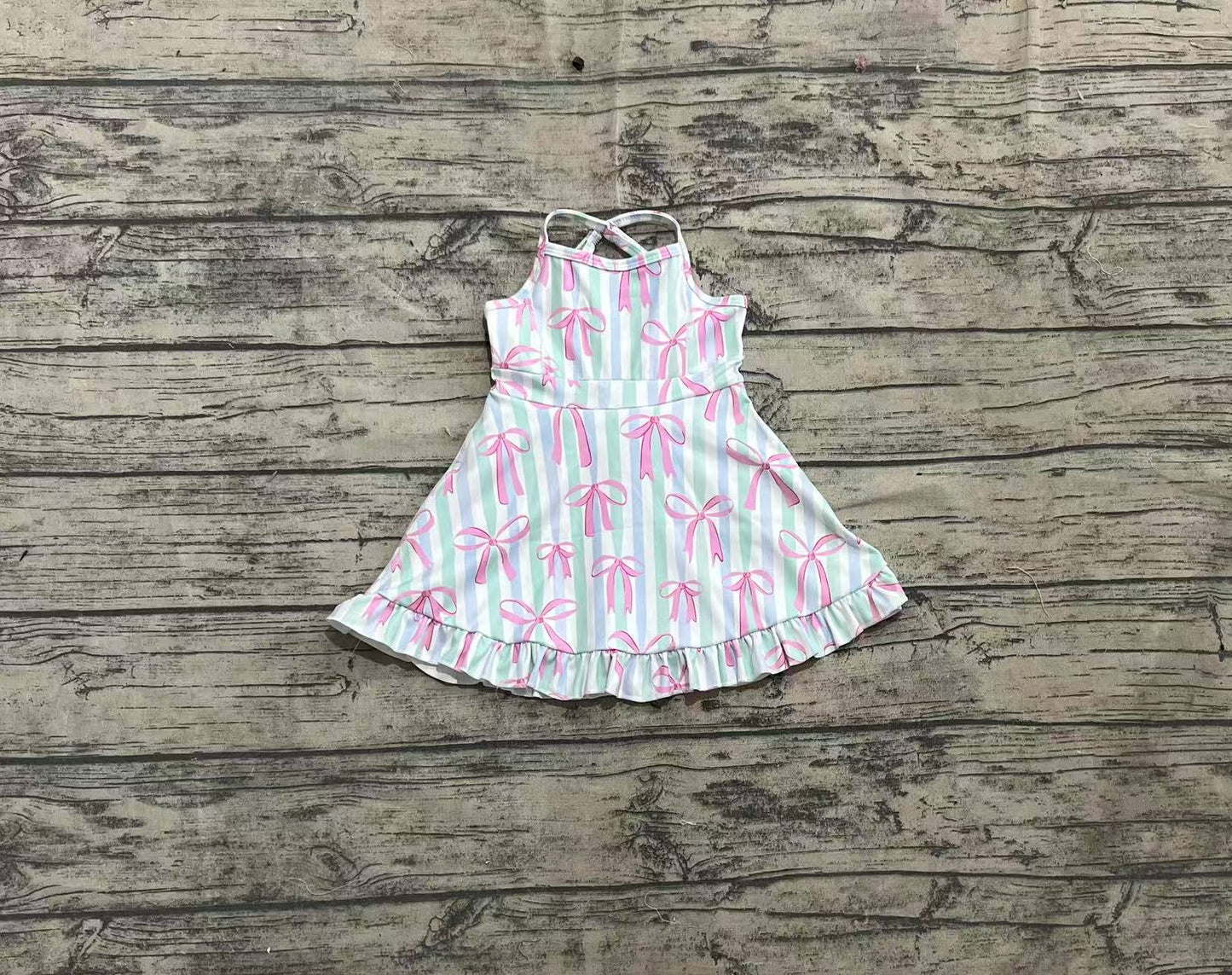 GSD2297 Baby Girls Strap Green Bow Stripe Pink Bows Yoga Ruffle Knee Length Dresses D 4.3