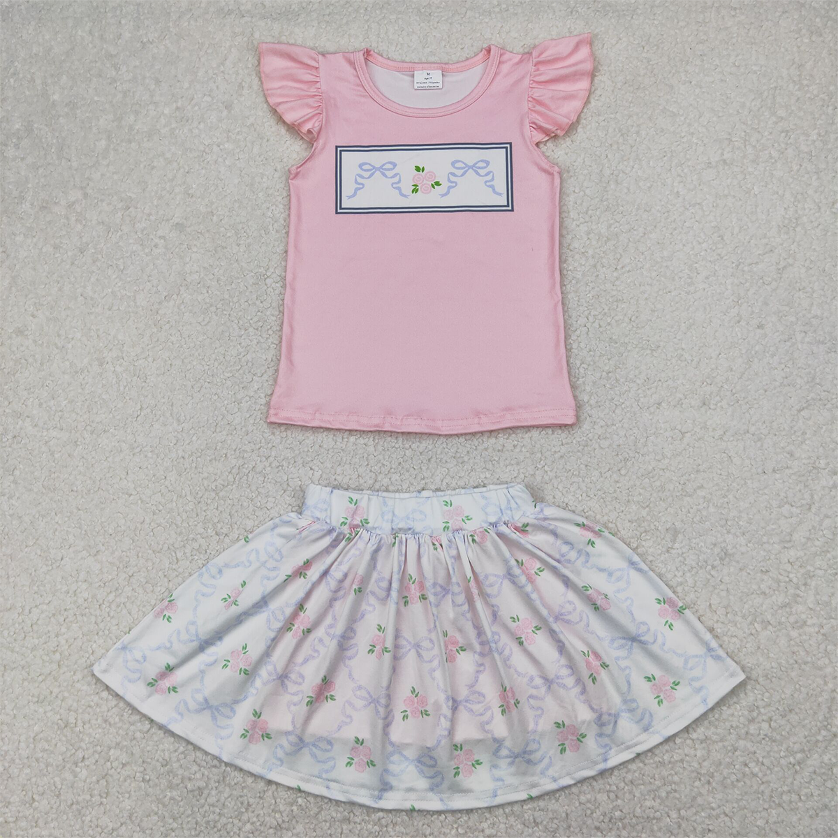 GSD2298 Baby Girls Green Pink Flutter Sleeves Bows Floral Top Skort Set D 4.8
