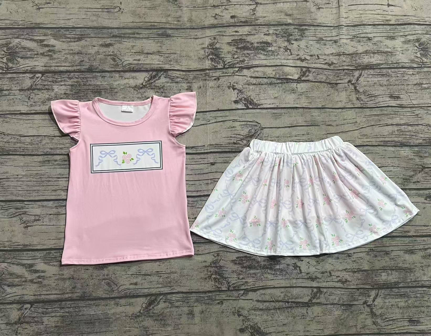GSD2298 Baby Girls Green Pink Flutter Sleeves Bows Floral Top Skort Set D 4.8