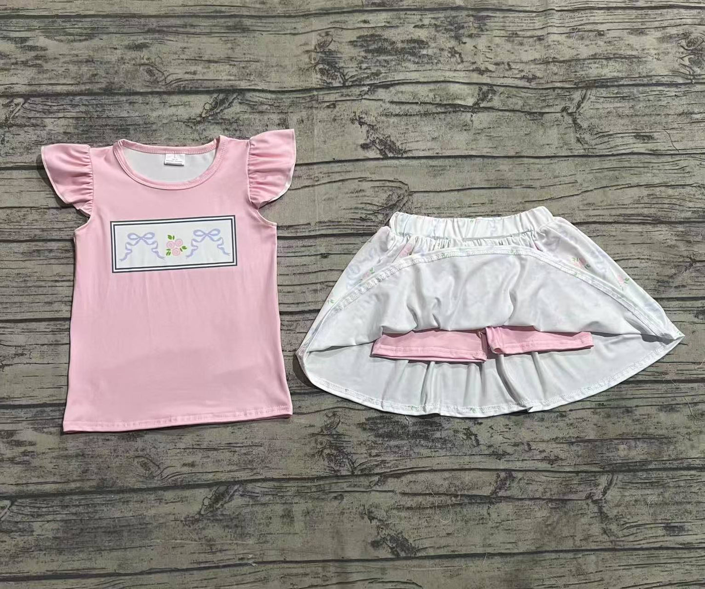 GSD2298 Baby Girls Green Pink Flutter Sleeves Bows Floral Top Skort Set D 4.8