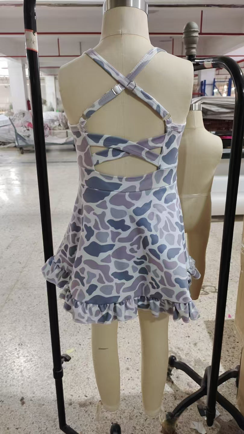 presale GSD2308 Baby Girls Strap Gray Camo Yoga Ruffle Knee Length Dresses D 4.3