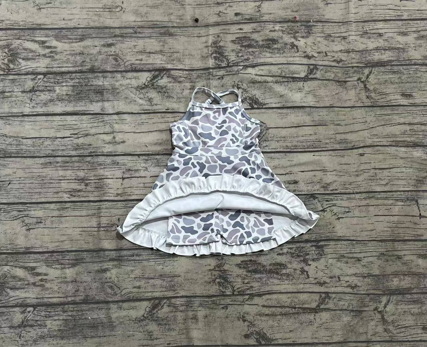 presale GSD2308 Baby Girls Strap Gray Camo Yoga Ruffle Knee Length Dresses D 4.3