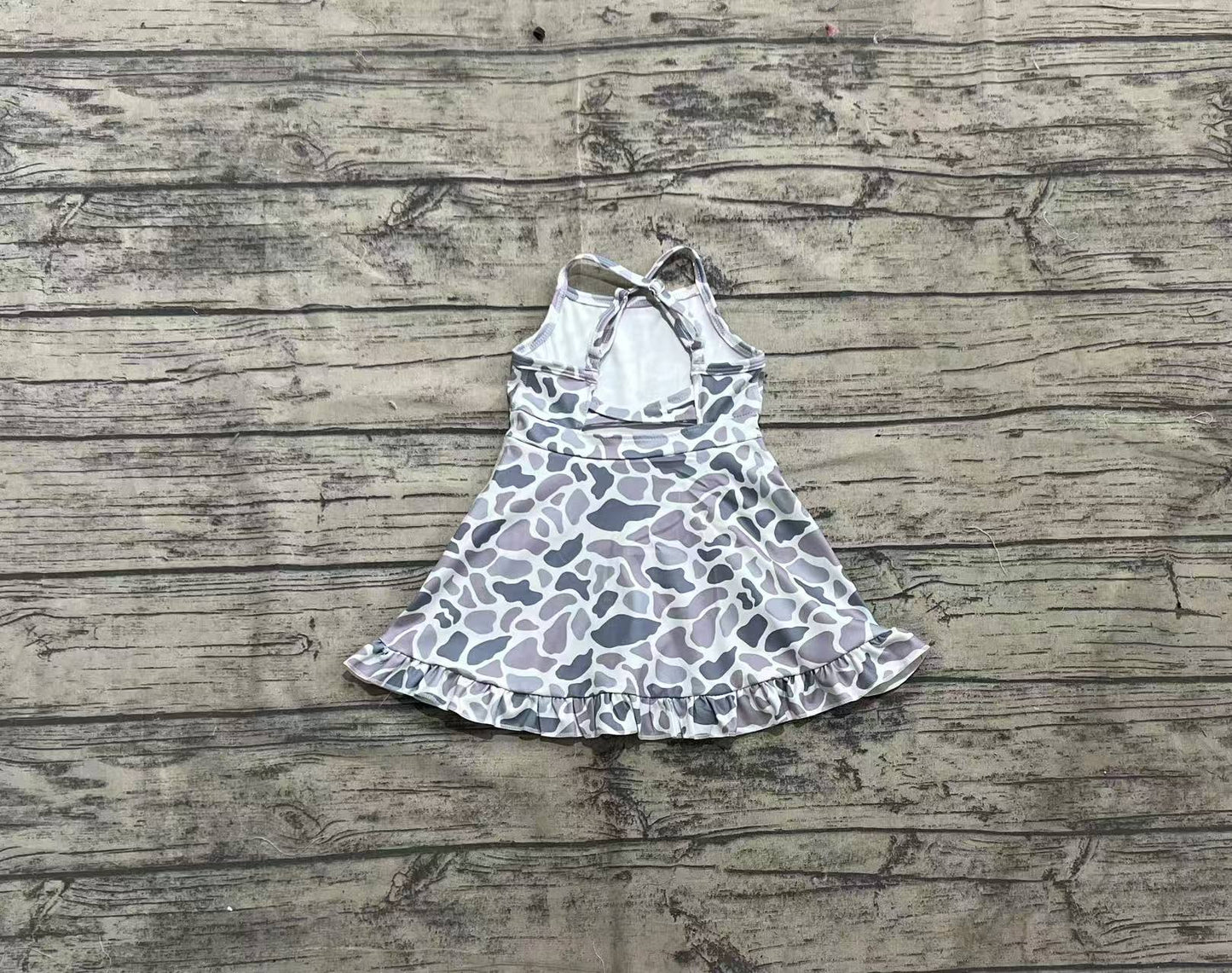 presale GSD2308 Baby Girls Strap Gray Camo Yoga Ruffle Knee Length Dresses D 4.3