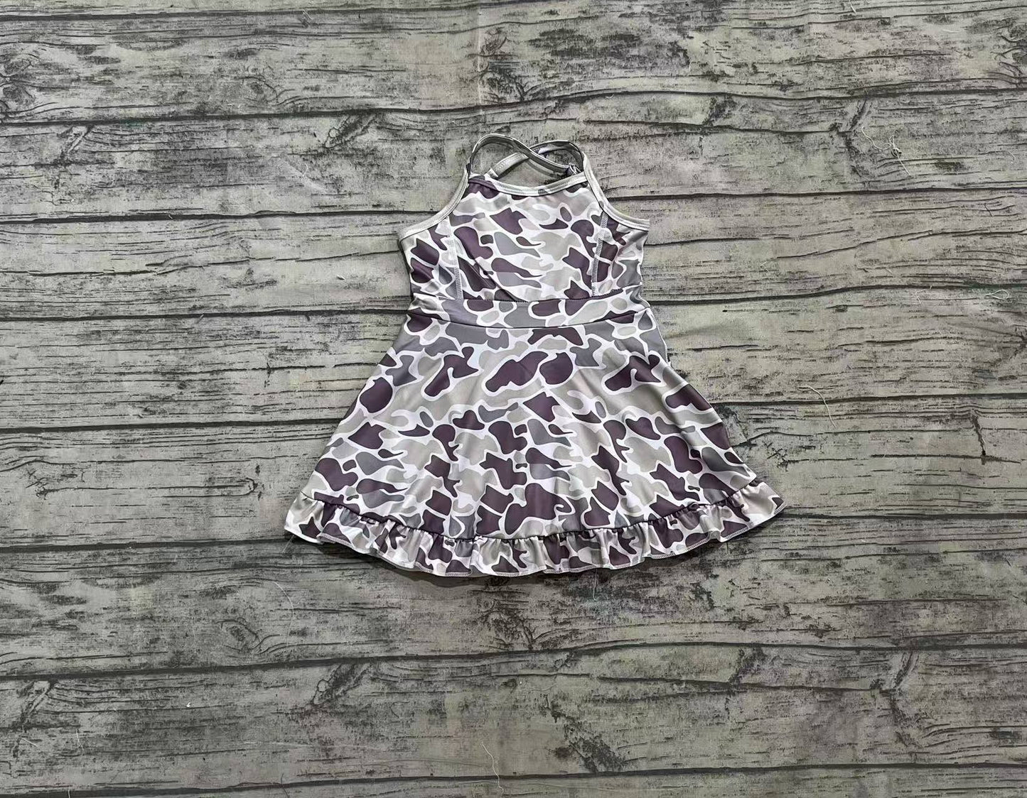 presale GSD2312 Baby Girls Strap Purple Camo Yoga Ruffle Knee Length Dresses D 4.3