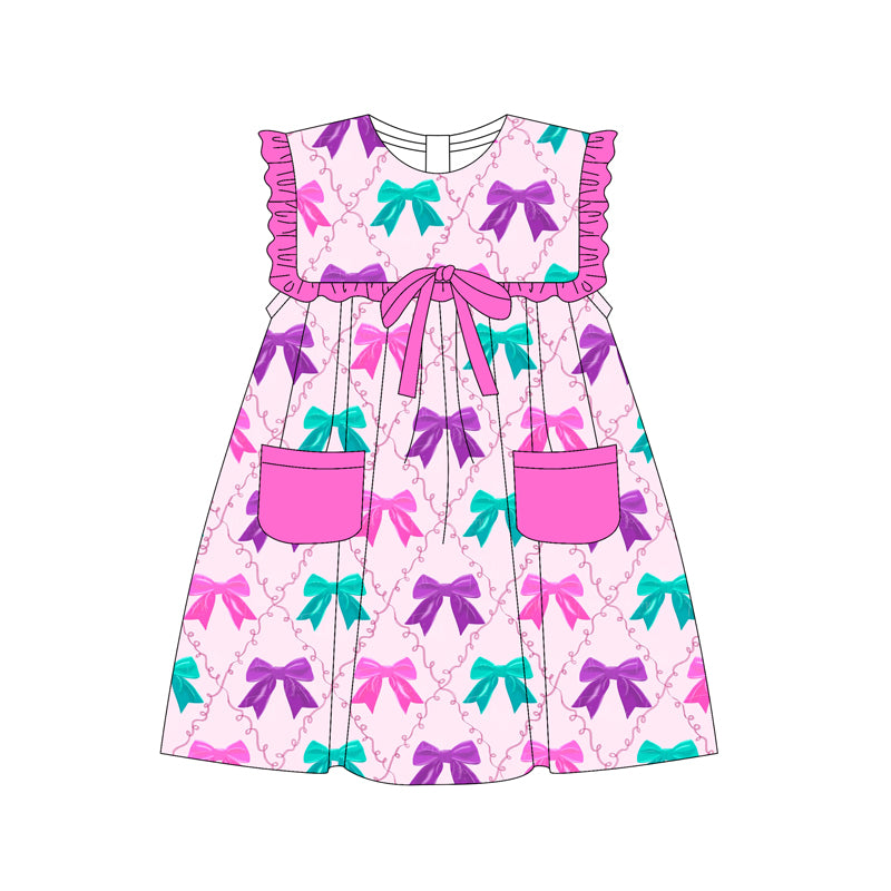 presale GSD2320 Baby Girls Colorful Bows Pockets Knee Length Dresses D 3.20