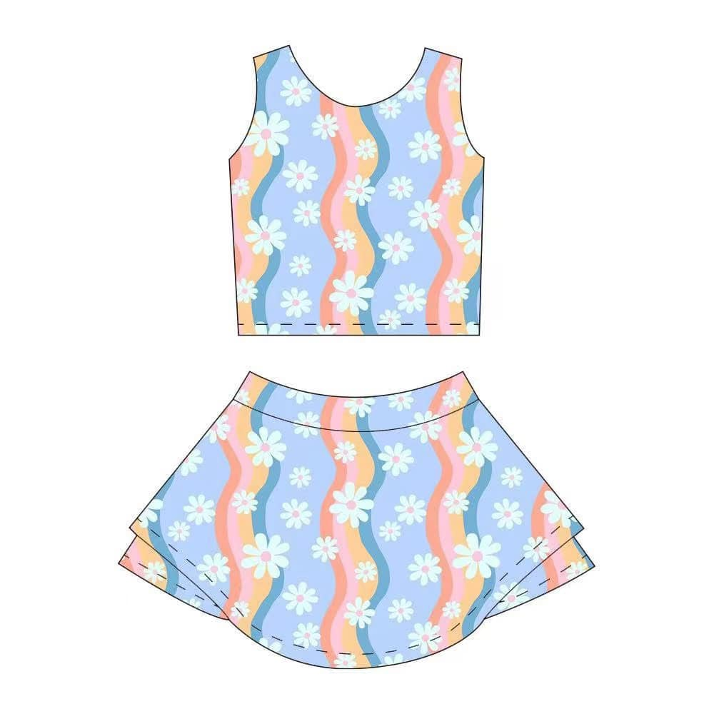 presale GSD2328 Baby Girls Sleeveless Floral Colorful Stripe Top Skort Yoga Set D 3.19