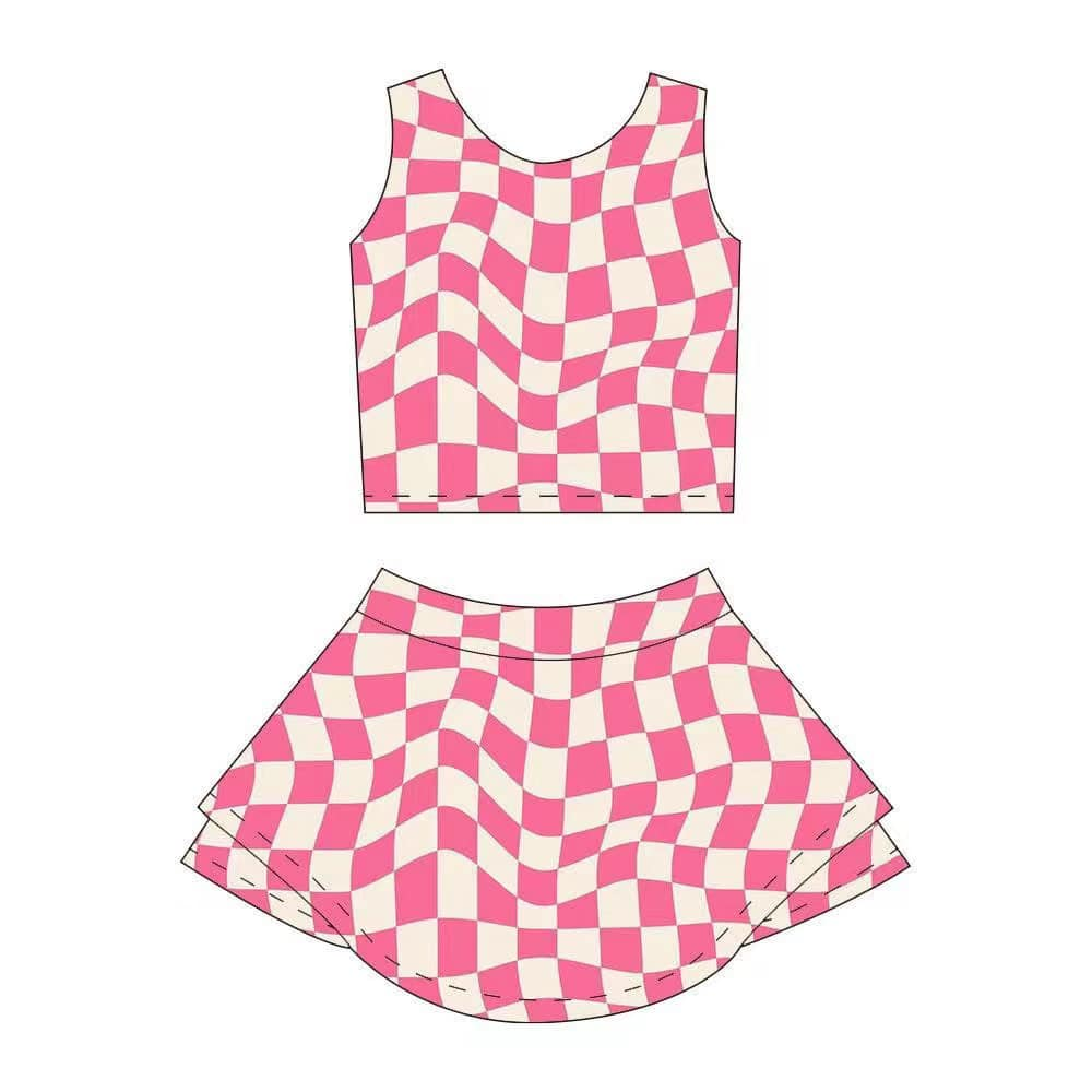 GSD2329 Baby Girls Sleeveless Pink Plaid Top Skort Yoga Set D 4.28
