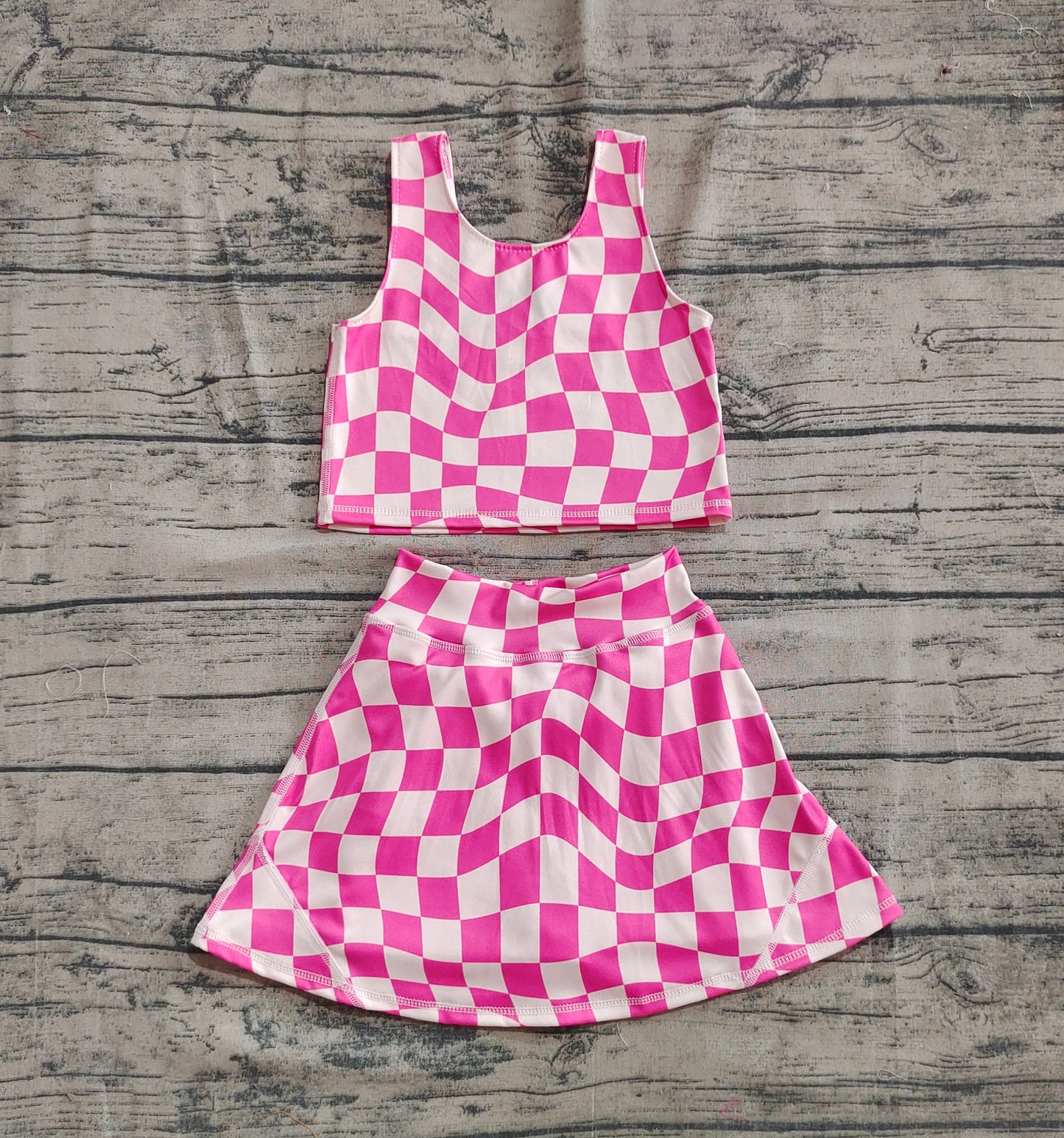 GSD2329 Baby Girls Sleeveless Pink Plaid Top Skort Yoga Set D 4.28