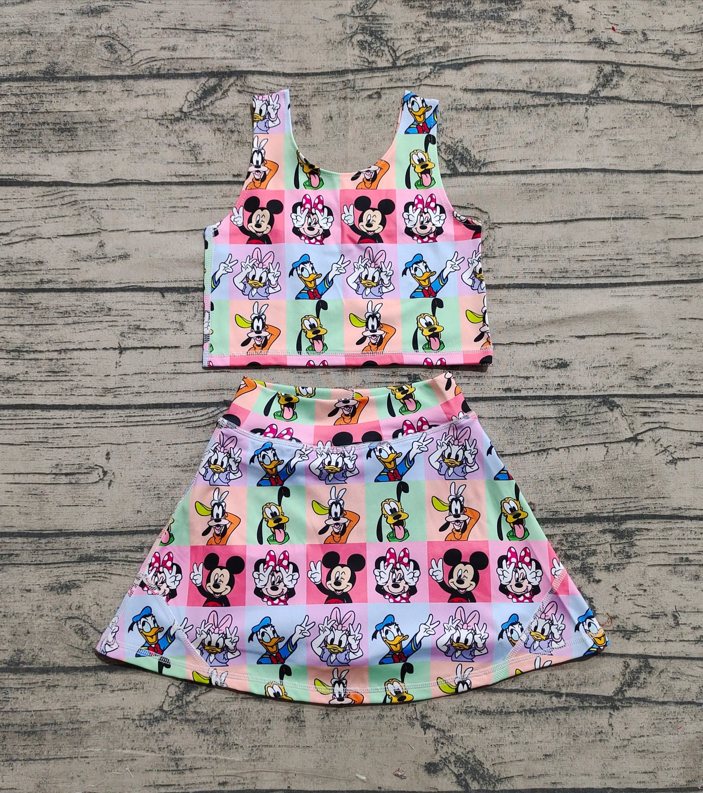 presale GSD2333 Baby Girls Sleeveless Cartoon Mouse Ducks Plaid Top Skort Yoga Set D 3.29