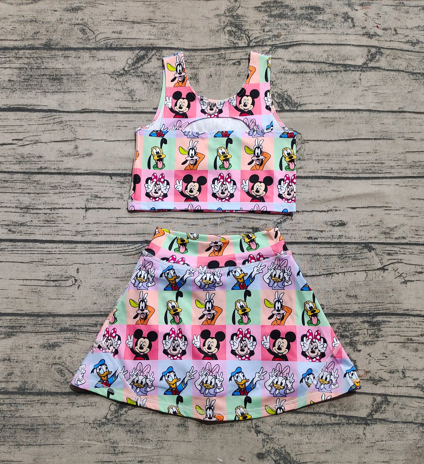 presale GSD2333 Baby Girls Sleeveless Cartoon Mouse Ducks Plaid Top Skort Yoga Set D 3.29