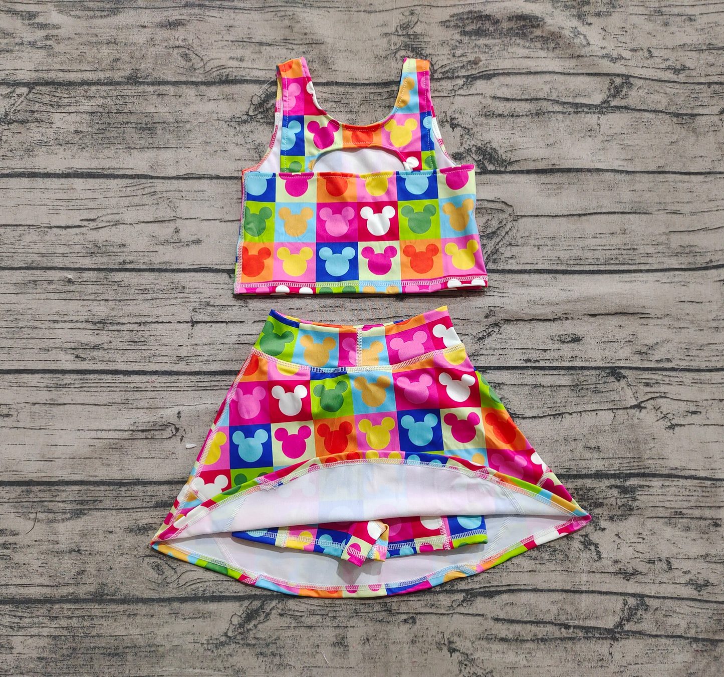 presale GSD2334 Baby Girls Sleeveless Colorful Cartoon Mouse Plaid Top Skort Yoga Set D 4.21