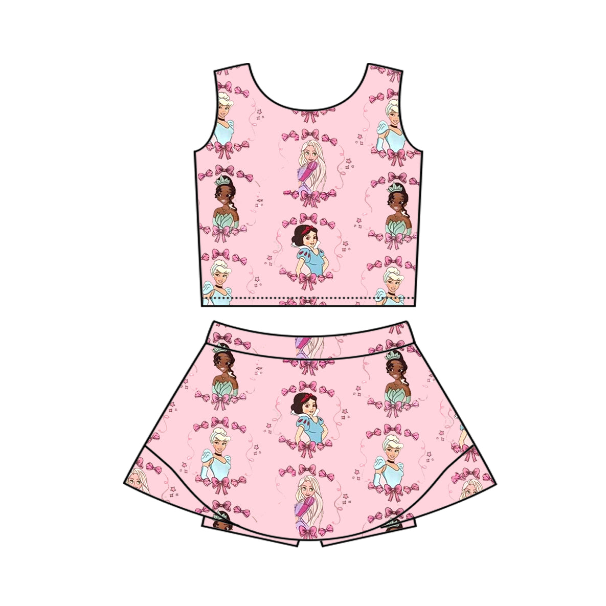 presale GSD2336 Baby Girls Sleeveless Princess Bows Top Skort Yoga Set D 3.19