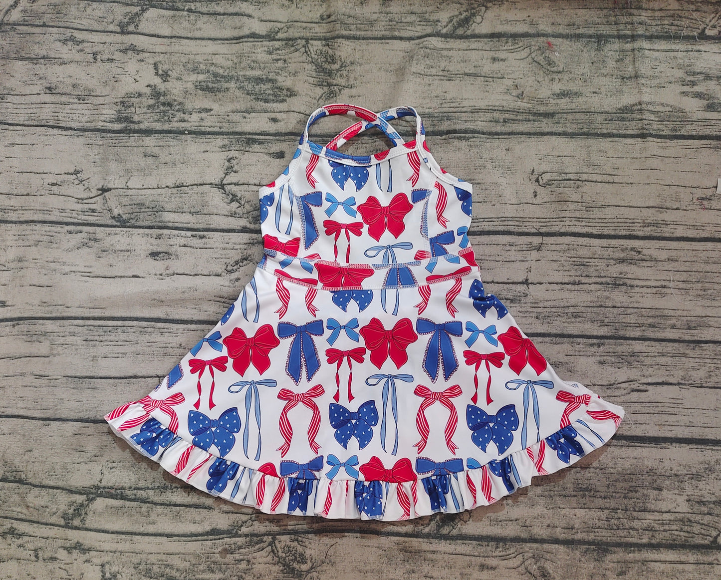 GSD2345 Baby Girls Strap Blue Red Bows 4th Of July Yoga Active Knee Length Dresses D 4.12