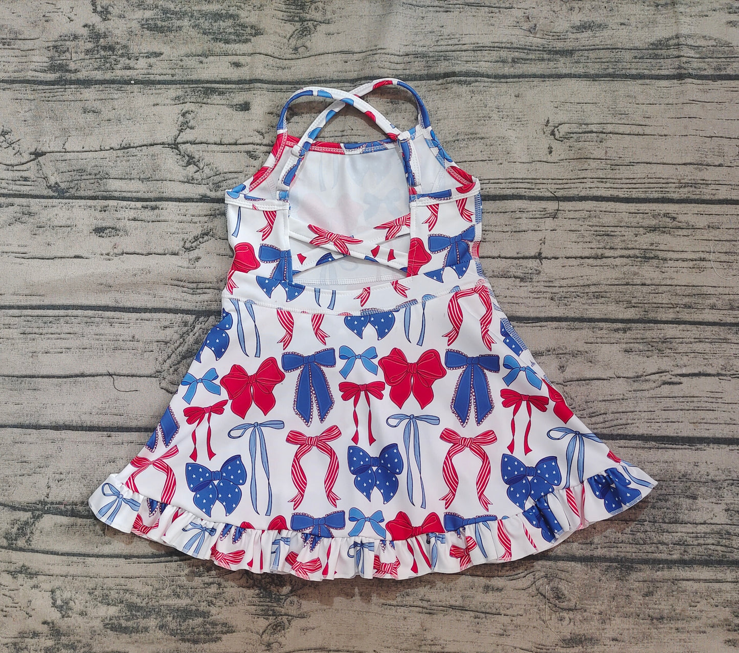 GSD2345 Baby Girls Strap Blue Red Bows 4th Of July Yoga Active Knee Length Dresses D 4.12