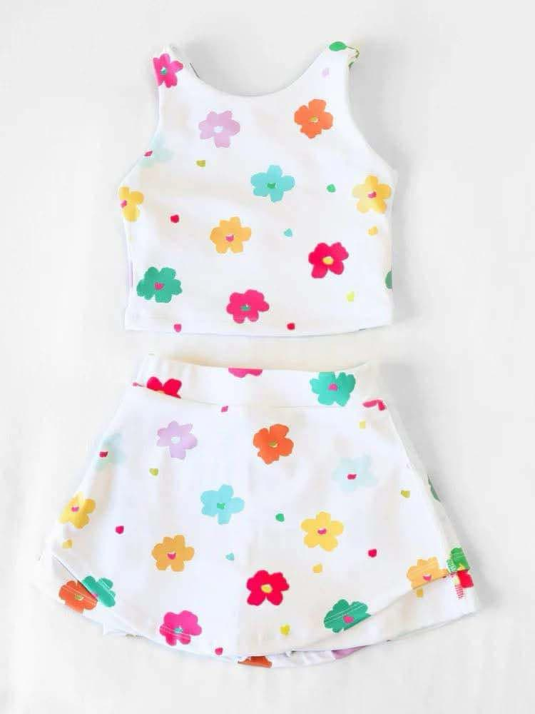 presale GSD2347 Baby Girls Sleeveless Colorful Flowers Top Skort Yoga Set D 3.18