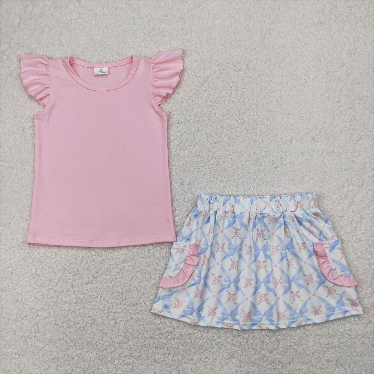 GSD2360 Baby Girls Pink Flutter Sleeves Top Floral Bows Pockets Skirts Sets D 4.9