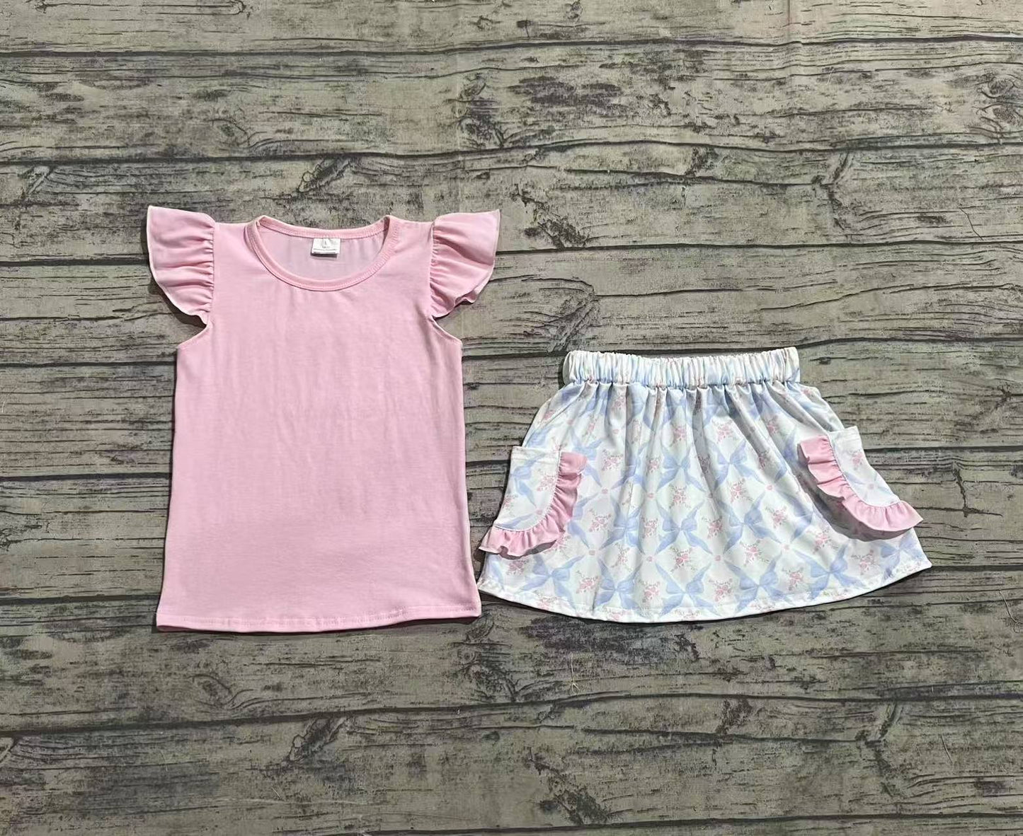 GSD2360 Baby Girls Pink Flutter Sleeves Top Floral Bows Pockets Skirts Sets D 4.9