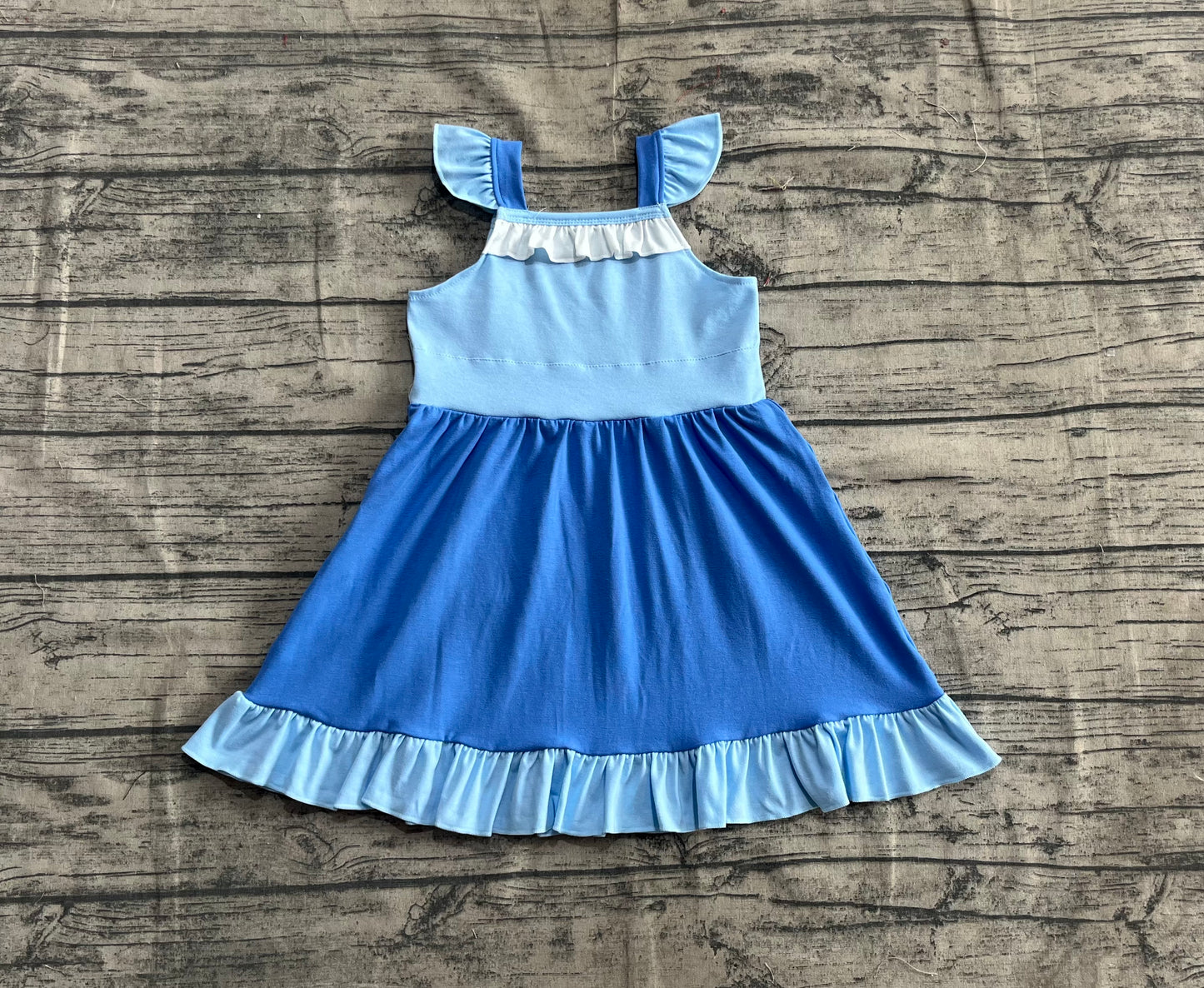 GSD2393 Baby Girls Blue Flutter Sleeves Patchwork Knee Length Dresses D 4.21