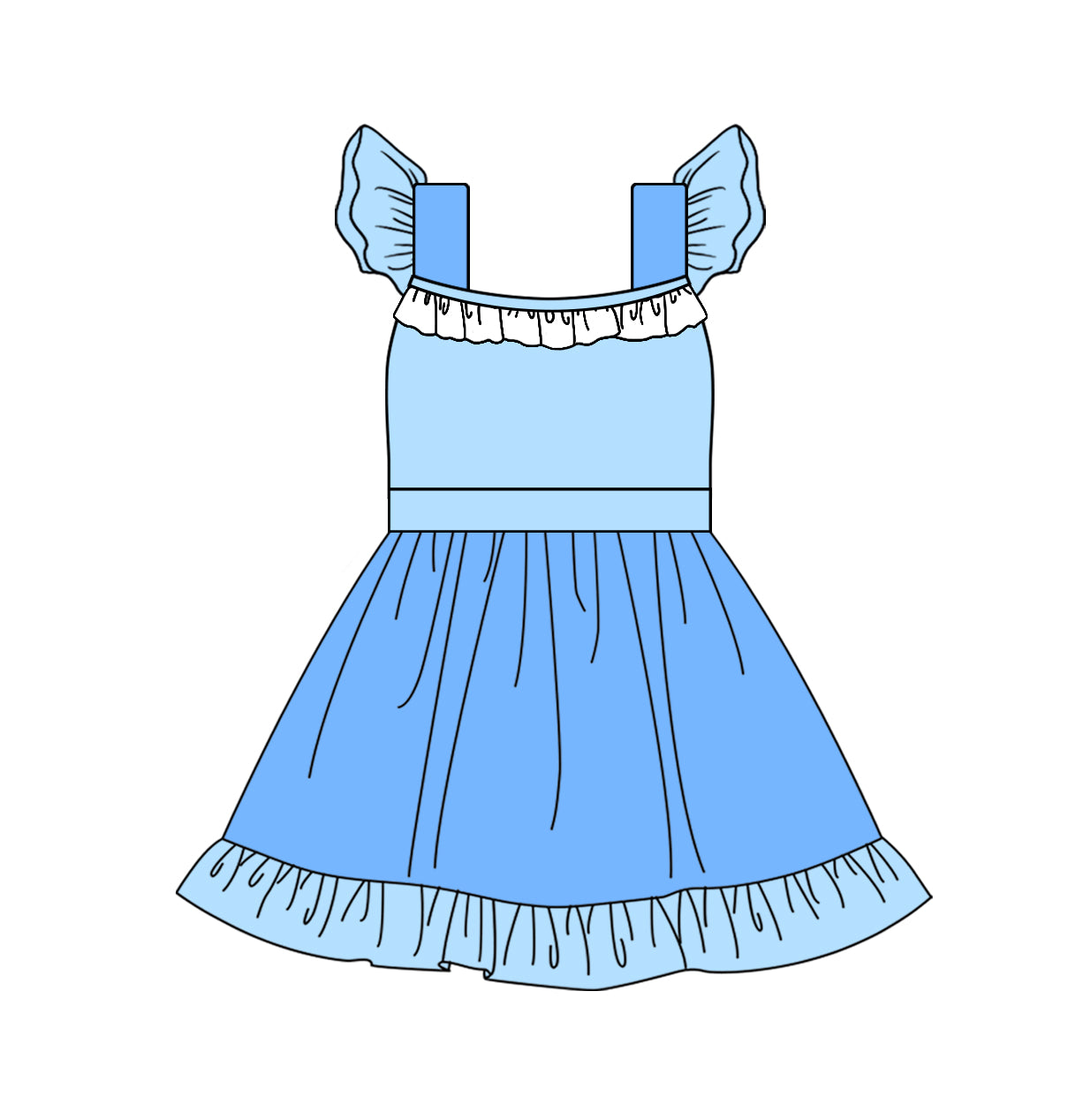 GSD2393 Baby Girls Blue Flutter Sleeves Patchwork Knee Length Dresses D 4.21